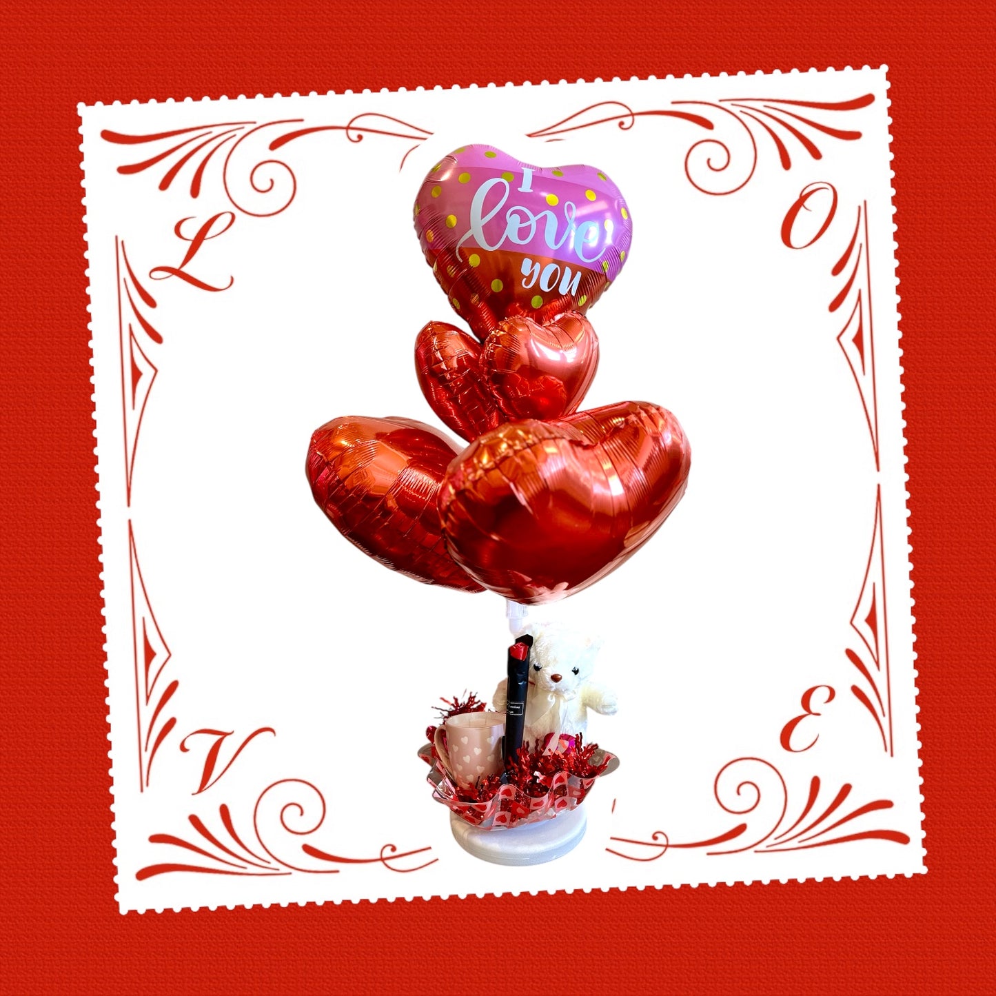 Half-Dozen Red Heart Floor Height Balloon Bouquet with Custom Topper