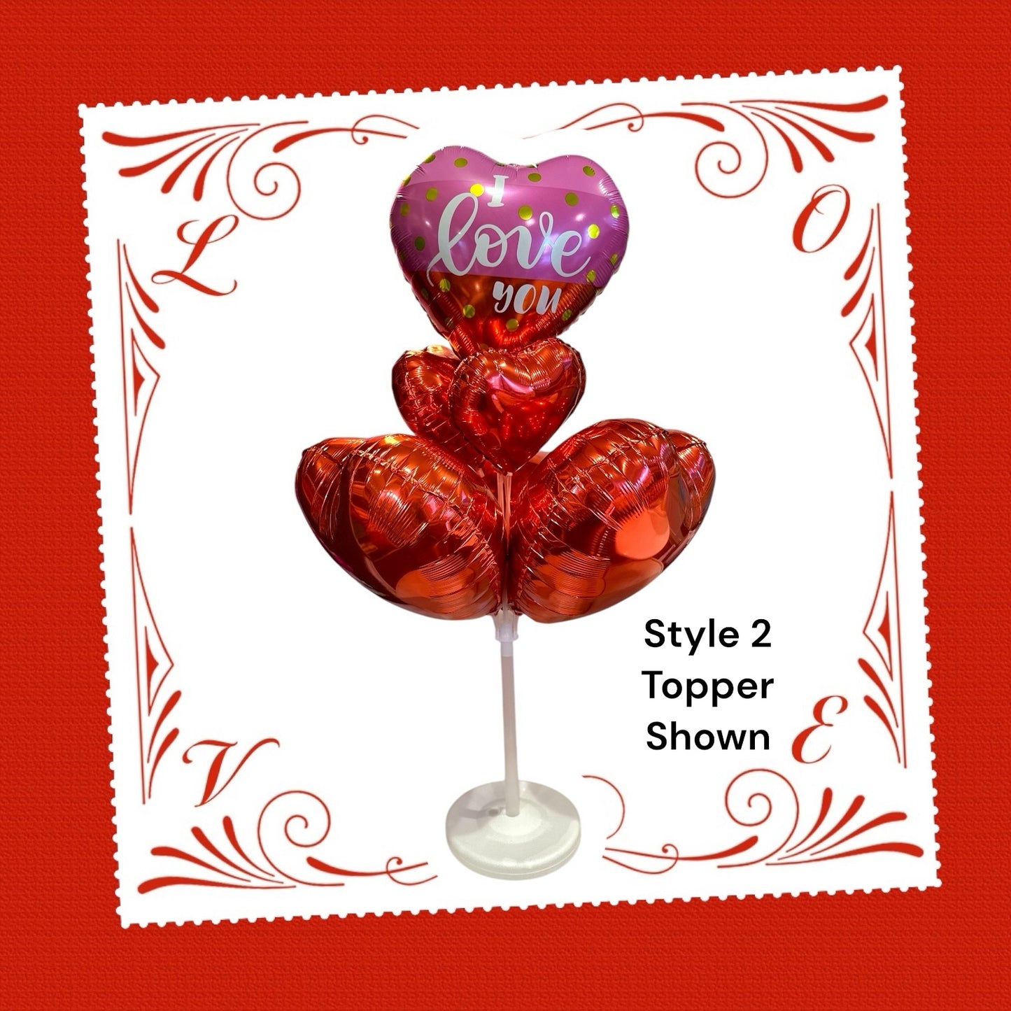 Half-Dozen Red Heart Floor Height Balloon Bouquet with Custom Topper