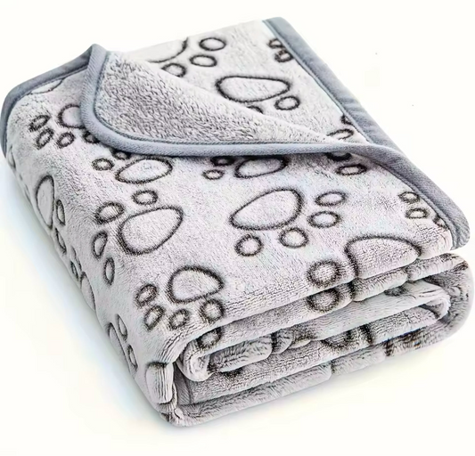 Soft & Fluffy Grey Paw Print Pet Blanket Set - Warm & Cozy