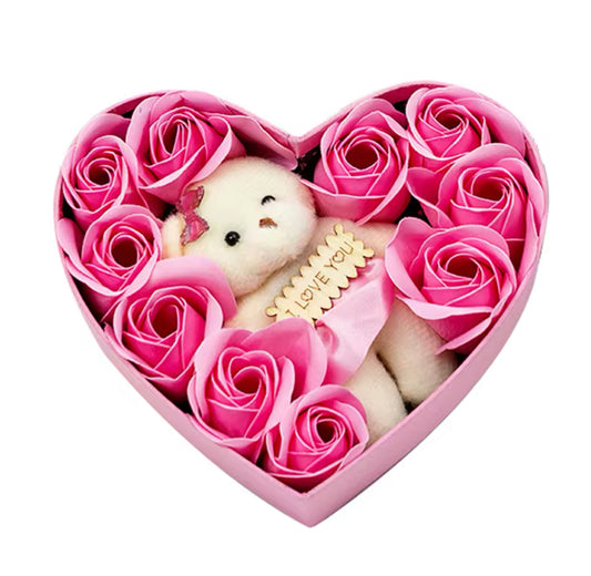 Romantic Pink Rose Soap Flower Gift Box with Bear