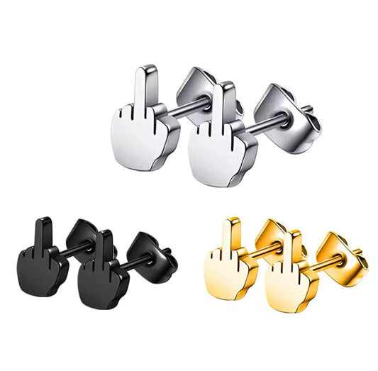 Bold Stainless Steel Middle Finger Earrings – Available in Black, Gold, and Silver