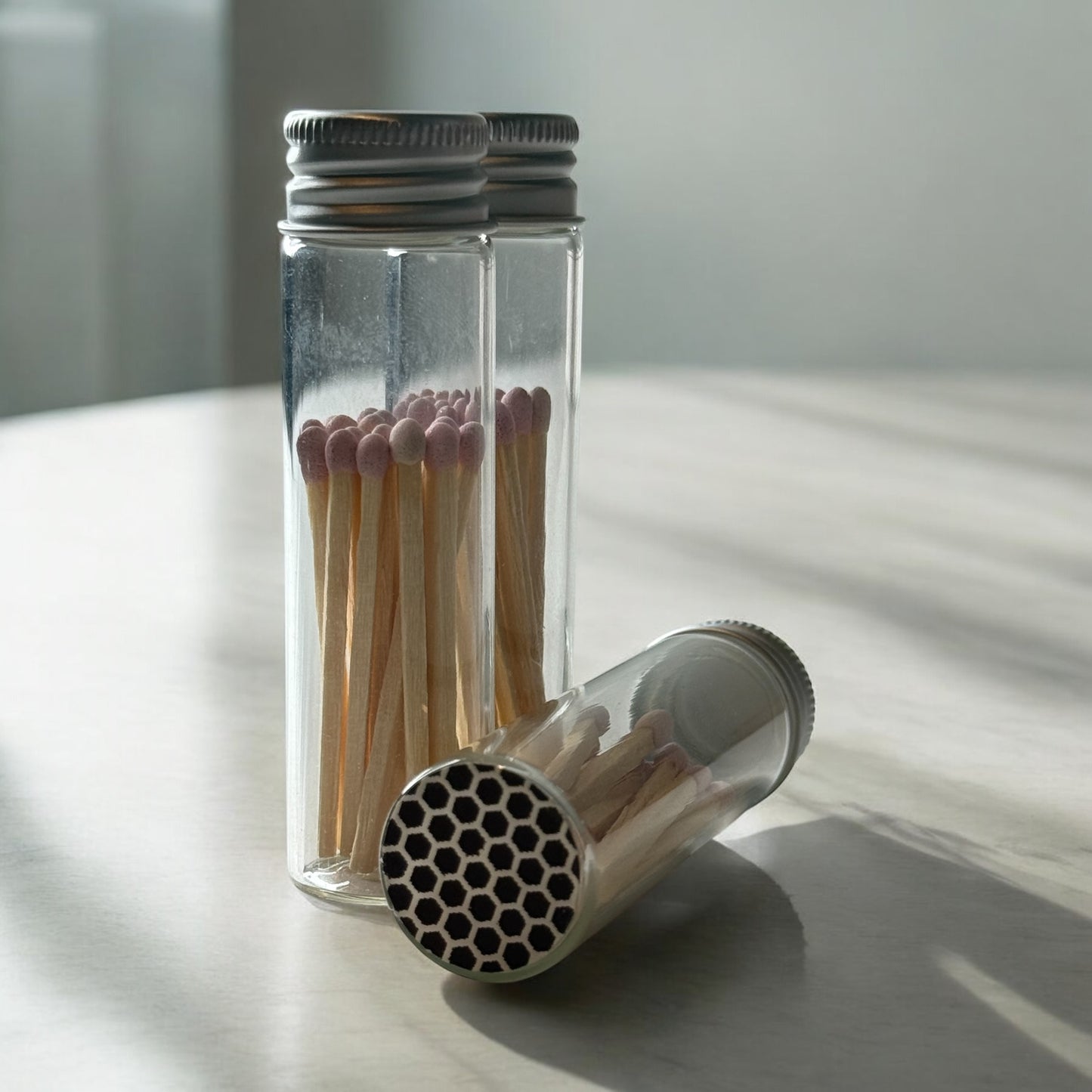 Pink Tip Wooden Matches in Glass Vial