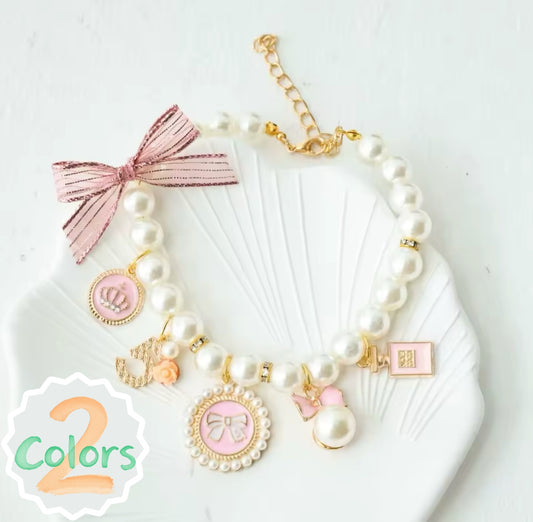 Dolce’s Elegant Pearl Charm Pet Necklace – Pink or Black