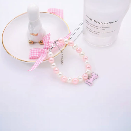 Dolce’s Glam Bow Pearl Pet Necklace – Available in Blue & Pink