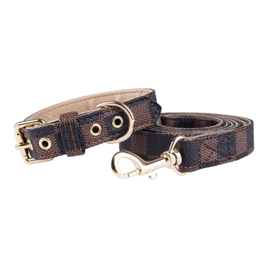 Louie’s Luxury Checkered Leather Dog Collar & Leash Set – 2 Piece Designer Collection