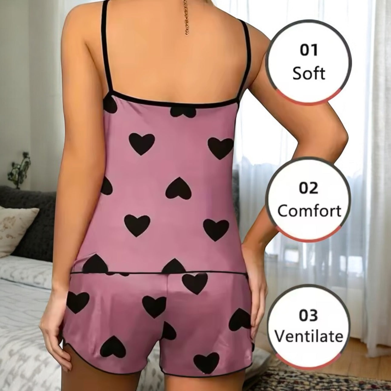 Pink Heart Print Sleeveless Pajama Set