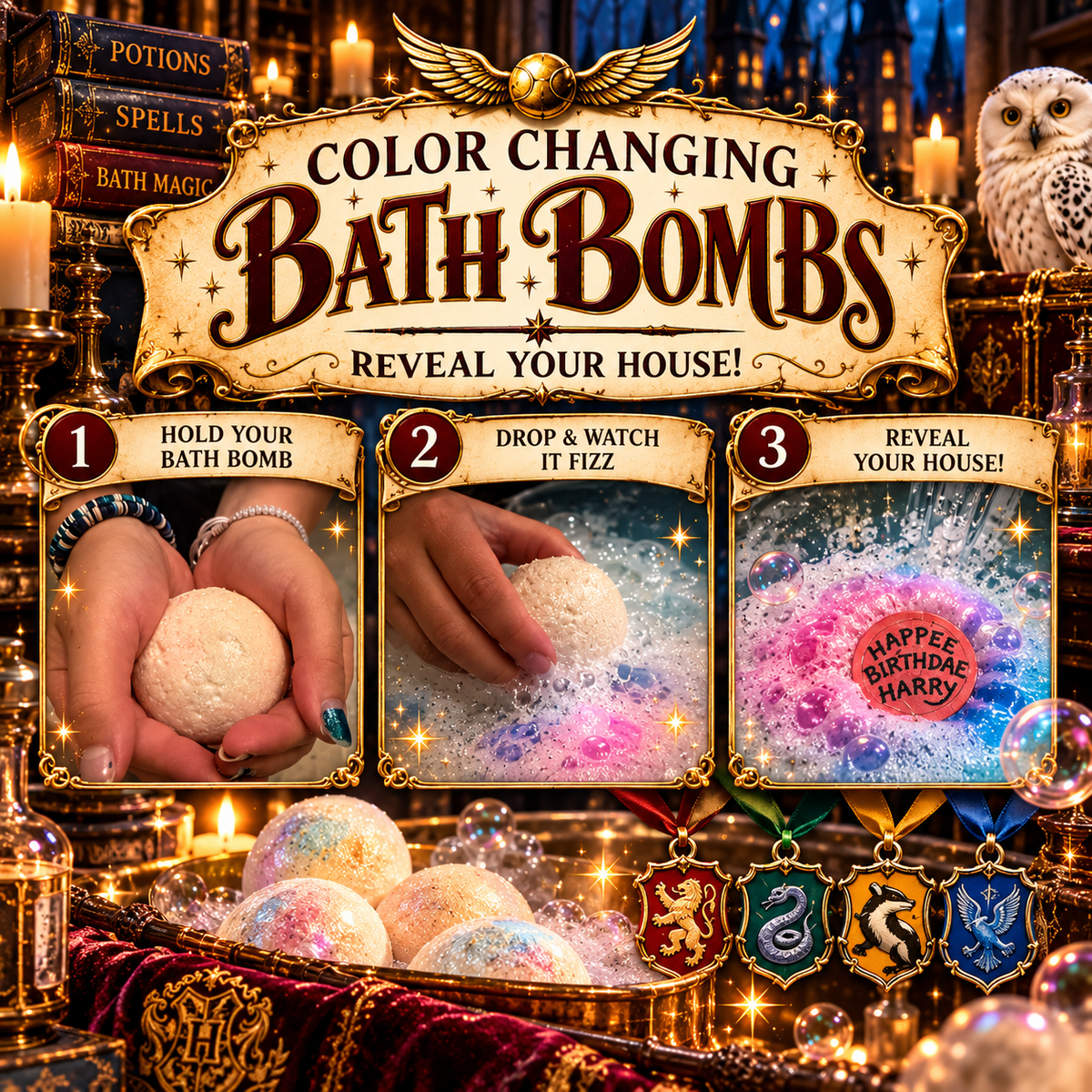 Magical Color-Changing Bath Bomb – Reveal Your Wizarding House | Enchanted Bath Experience